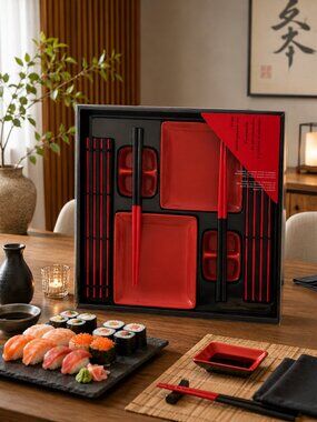 Asian Servingware Set – New Ceramic Sushi Dinner Set with Chopsticks – Gift Read